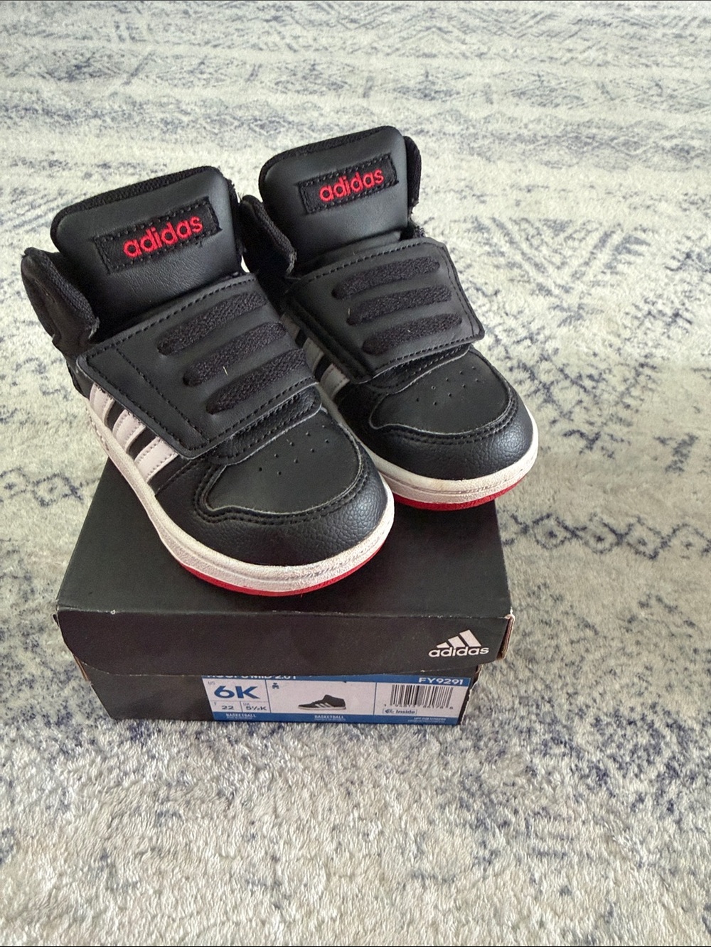 adidas Kids Black and Red Velcro Low-Top Sneakers with White Stripes